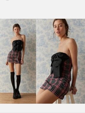 Kimchi Blue Pink Plaid Strapless Mini Dress with Black Bow Accent